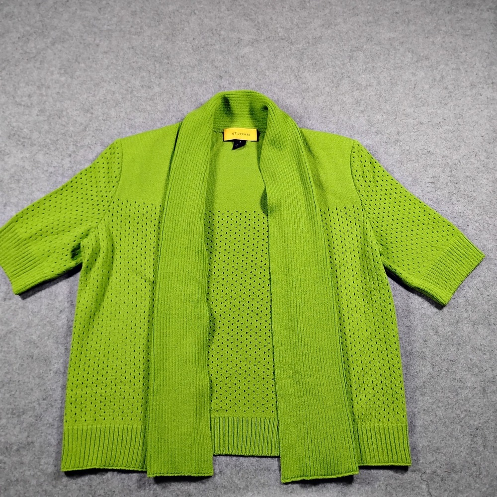 St. John Short Sleeve Knit Cardigan Shawl Collar Women P Green Open Front Wool